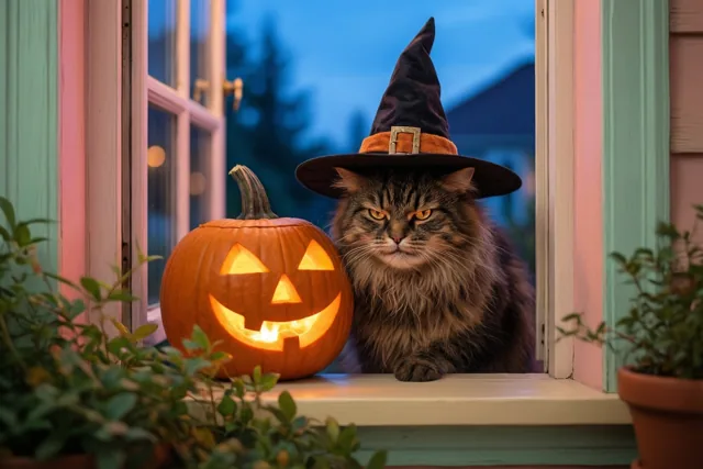 De vensterbankheks viert Halloween