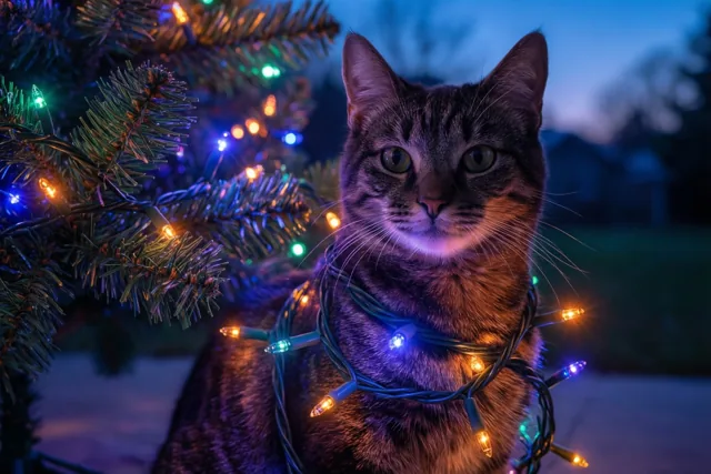 Kat in feestverlichting