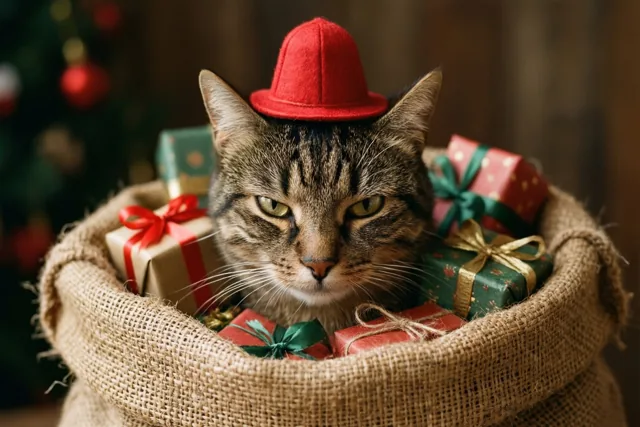 Een gestreepte kat met een kleine rode mijter kijkt uit een juten zak met ingepakte kerstcadeaus, tegen een wazige achtergrond in warm licht.