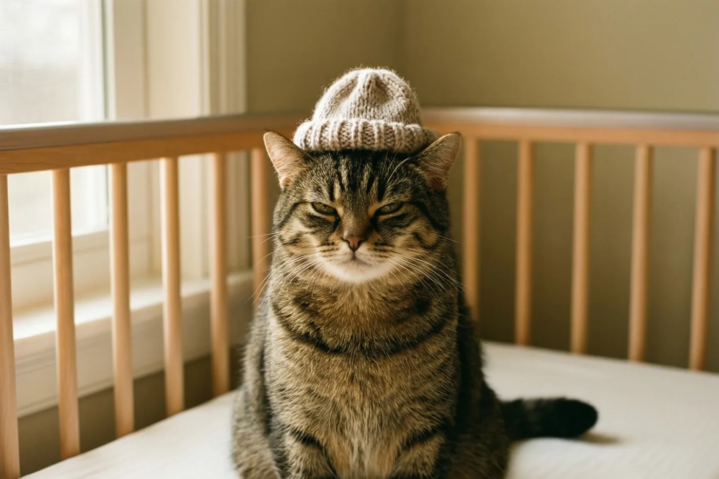 Een tevreden kijkende gestreepte kat met een klein gebreid mutsje zit in een houten babybedje in zacht, warm licht.