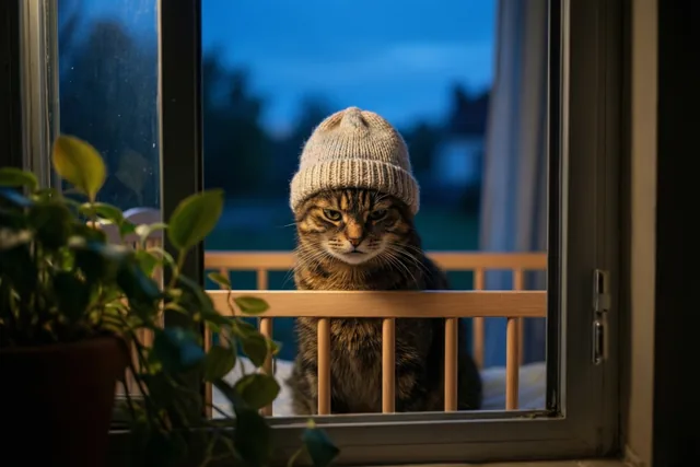 Een tijgerkat met een gebreid babymutsje zit in een houten wieg en kijkt bij schemering door het raam naar buiten.
