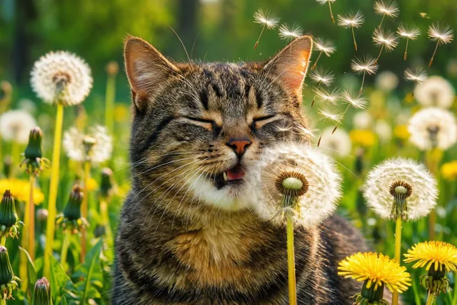 Een gestreepte kat niest met gesloten ogen terwijl een paardenbloempluizenbol tegen haar gezicht zit en pluisjes opwaaien in een zonnige tuin met gras en gele paardenbloemen.
