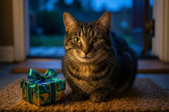 Een gestreepte kat zit bij schemering binnen op een bruine deurmat naast een doosje in groen en goud papier met een blauwgroene strik, met een blauw getint raam op de achtergrond.
