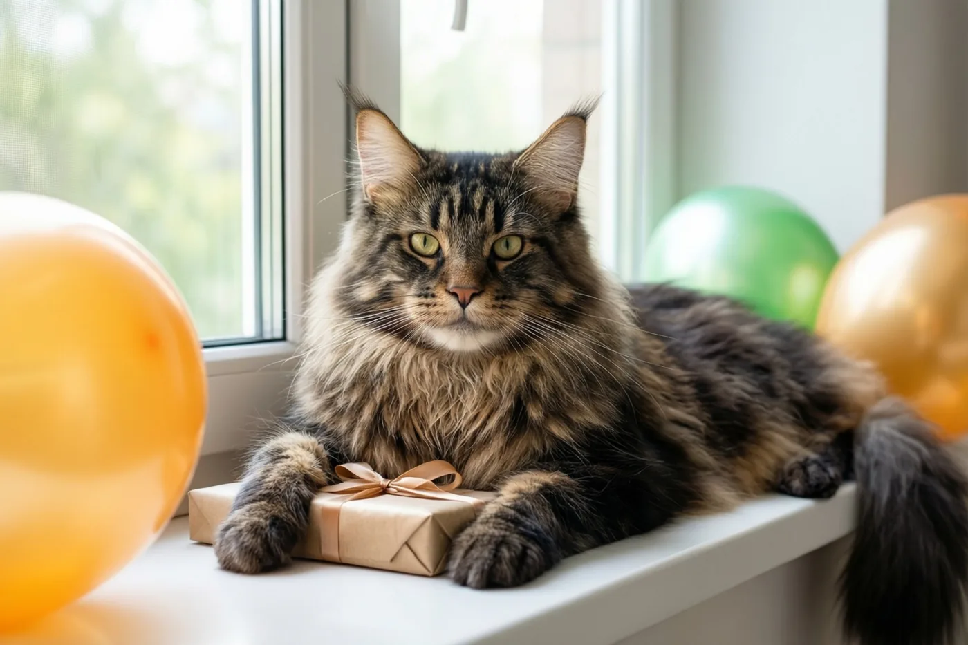 Een pluizige Maine Coon ligt op een witte vensterbank met de poten op een klein ingepakt cadeau, tussen kleurrijke ballonnen in het daglicht.