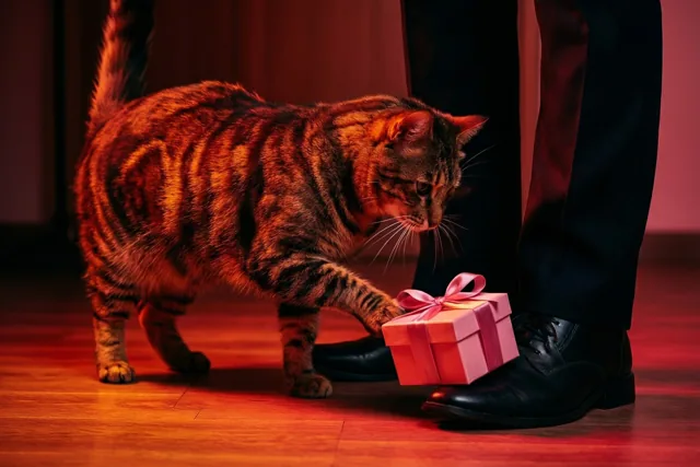 Een gestreepte kat legt een roze cadeaudoosje met lint bij de voeten van iemand met zwarte schoenen en een zwarte broek op een houten vloer in warm rood licht.