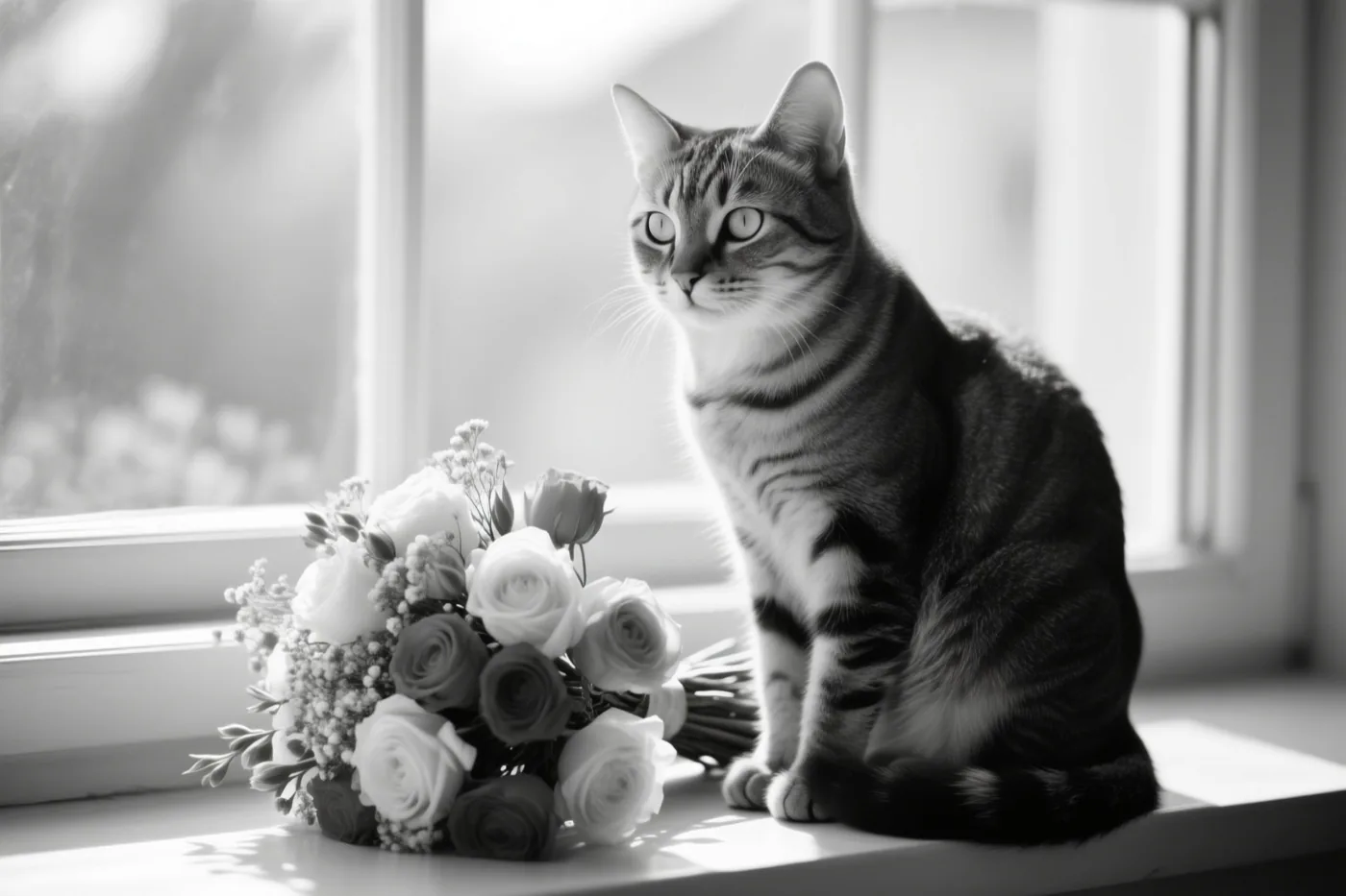 Een gestreepte kat zit naast een boeket rozen op een zonnige vensterbank in een zwart-witfoto.
