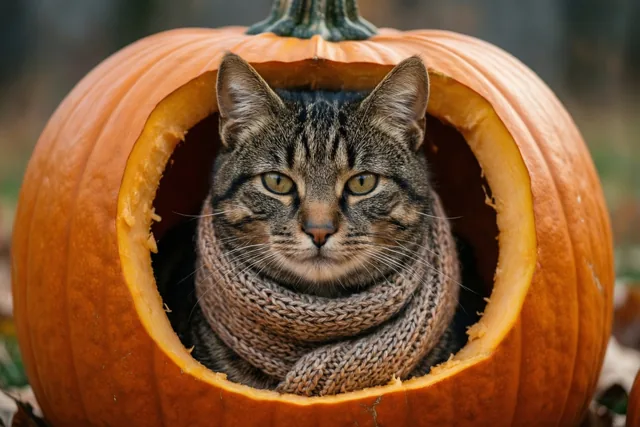 Een tijgerkat met een gebreide sjaal zit buiten in een grote uitgeholde pompoen met wazig herfstloof op de achtergrond.