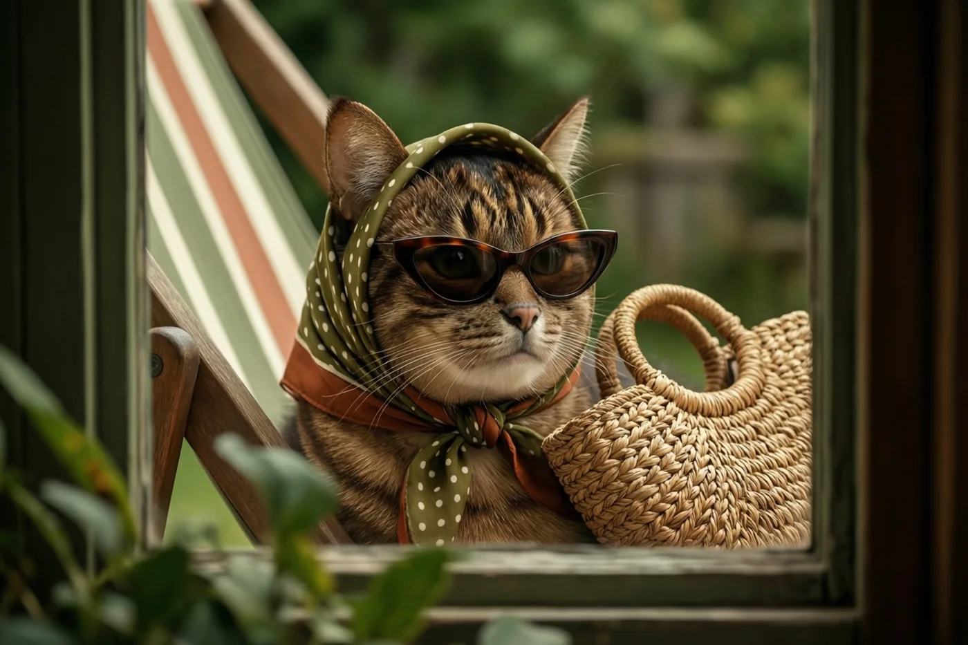 Door een raam is een gestreepte kat met een cat-eye-zonnebril en een groene hoofddoek met stippen te zien op een gestreepte ligstoel naast een vintage strotas, met groen op de achtergrond.