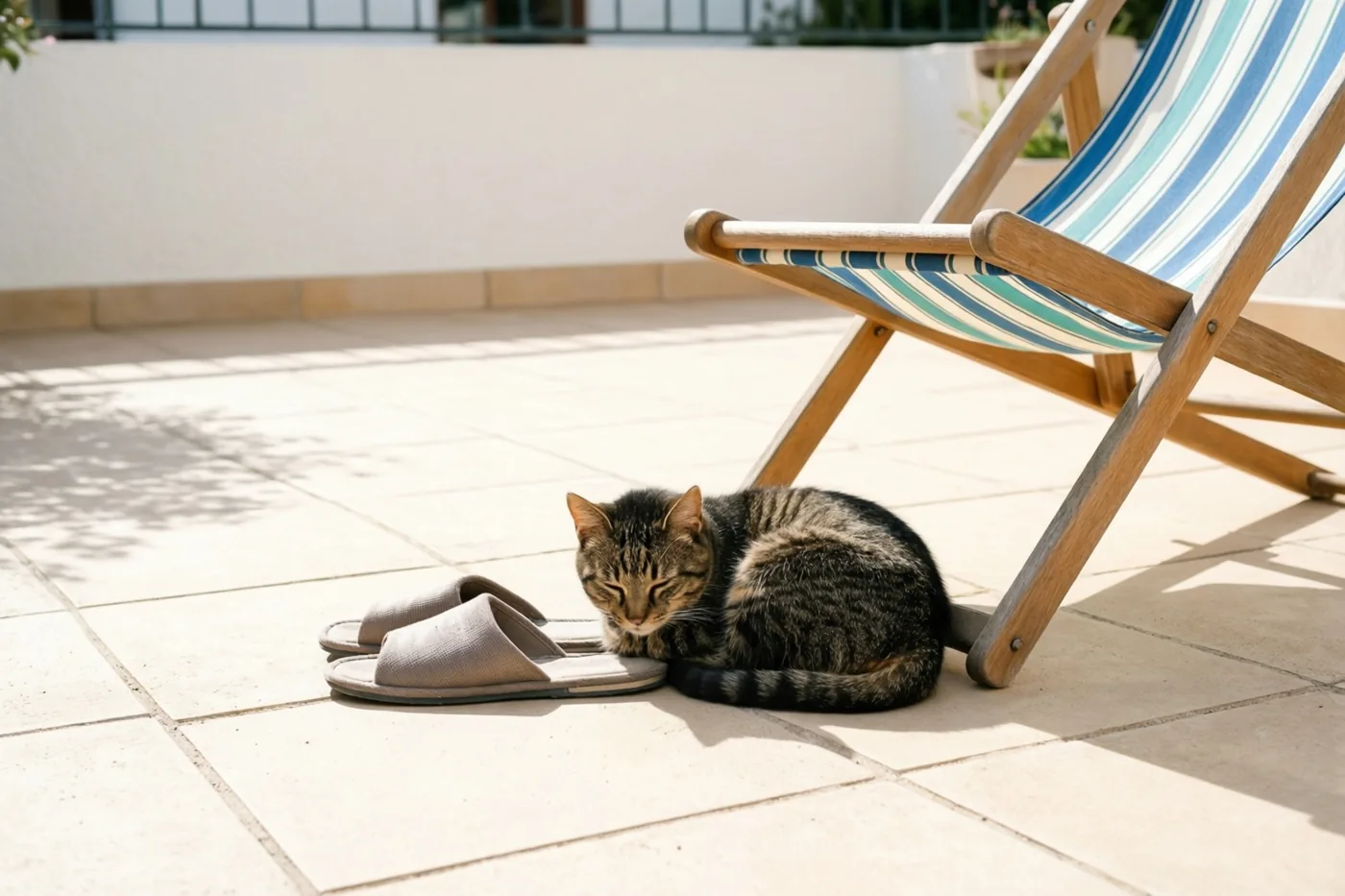Een tijgerkat slaapt opgerold naast grijze pantoffels op een zonnig tegelterras, bij een houten ligstoel met blauwwit gestreepte stof.