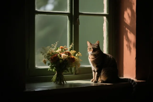 Een gestreepte kat zit naast een boeket herfstbloemen op een vensterbank in warm zonlicht, bij een groen raamkozijn en een terracottakleurige muur.