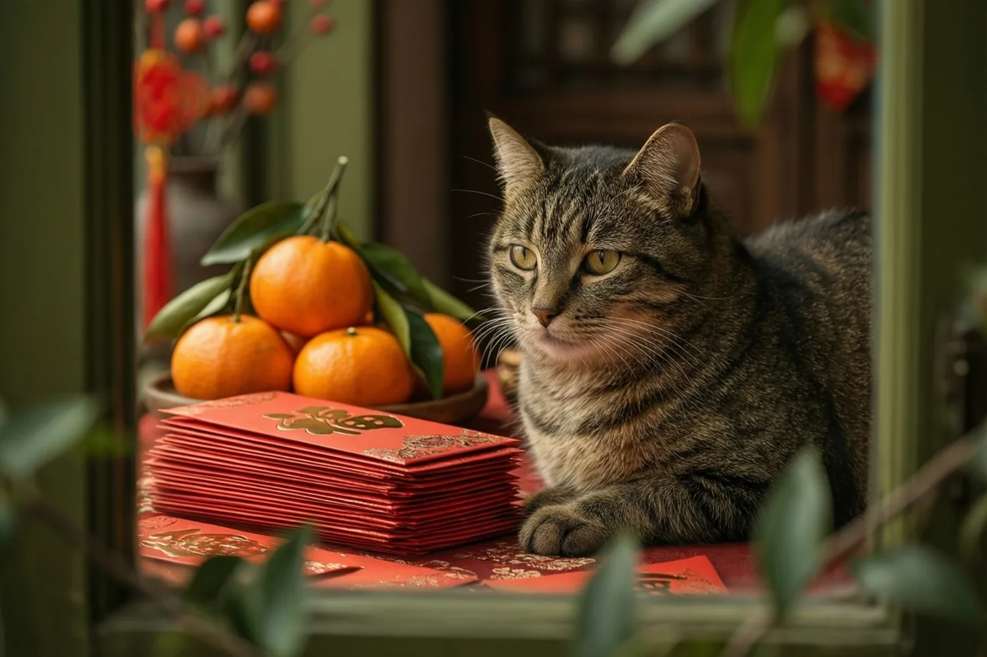 Een gestreepte kat zit naast een stapel rode enveloppen en een kom mandarijnen op een feestelijke tafel, omgeven door groen in warm licht.