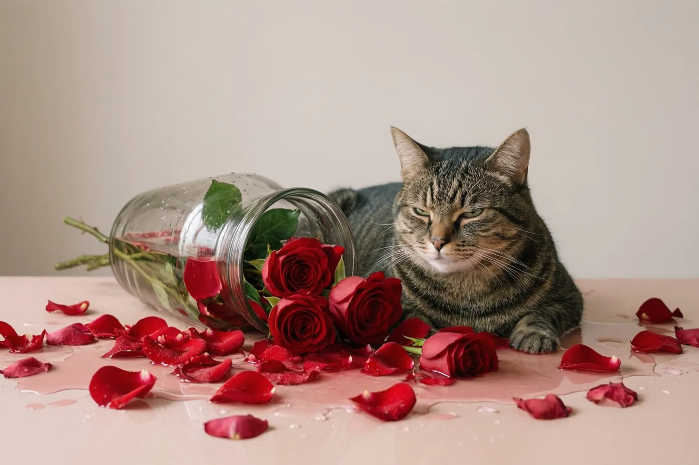 Een gestreepte kat ligt zelfgenoegzaam naast een omgevallen glazen vaas met rode rozen, gemorste bloemblaadjes en water op een lichtroze ondergrond tegen een gebroken witte achtergrond.