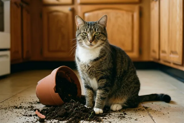 Een gestreepte kat met witte poten en borst zit op een betegelde keukenvloer naast een omgevallen, gebroken terracotta pot waaruit donkere aarde is gemorst.