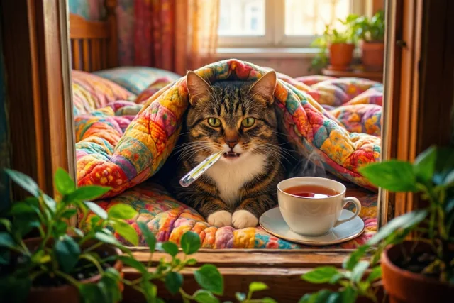 Een gestreepte kat ligt onder een kleurrijke quilt met een thermometer in de bek en een dampende kop thee ernaast, omringd door potplanten in het zonlicht.