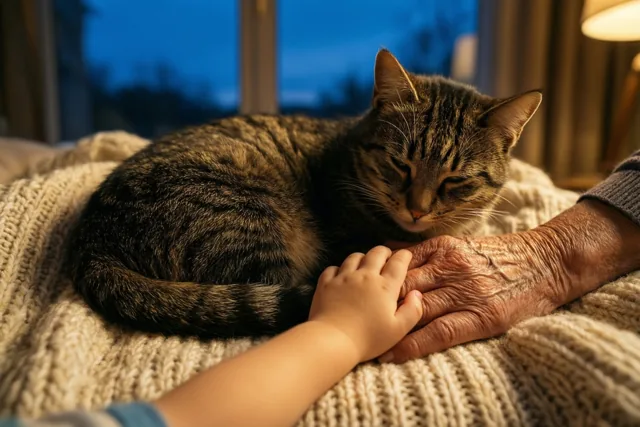 Een gestreepte kat ligt opgekruld op een beige gebreide deken naast een gerimpelde hand en een kleine kinderhand die samen rusten, binnenshuis bij warm licht en een blauw avondraam.