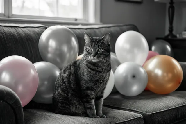 Een gestreepte kat zit rechtop op een donkergrijze zetel tussen kleurrijke ballonnen bij een raam.