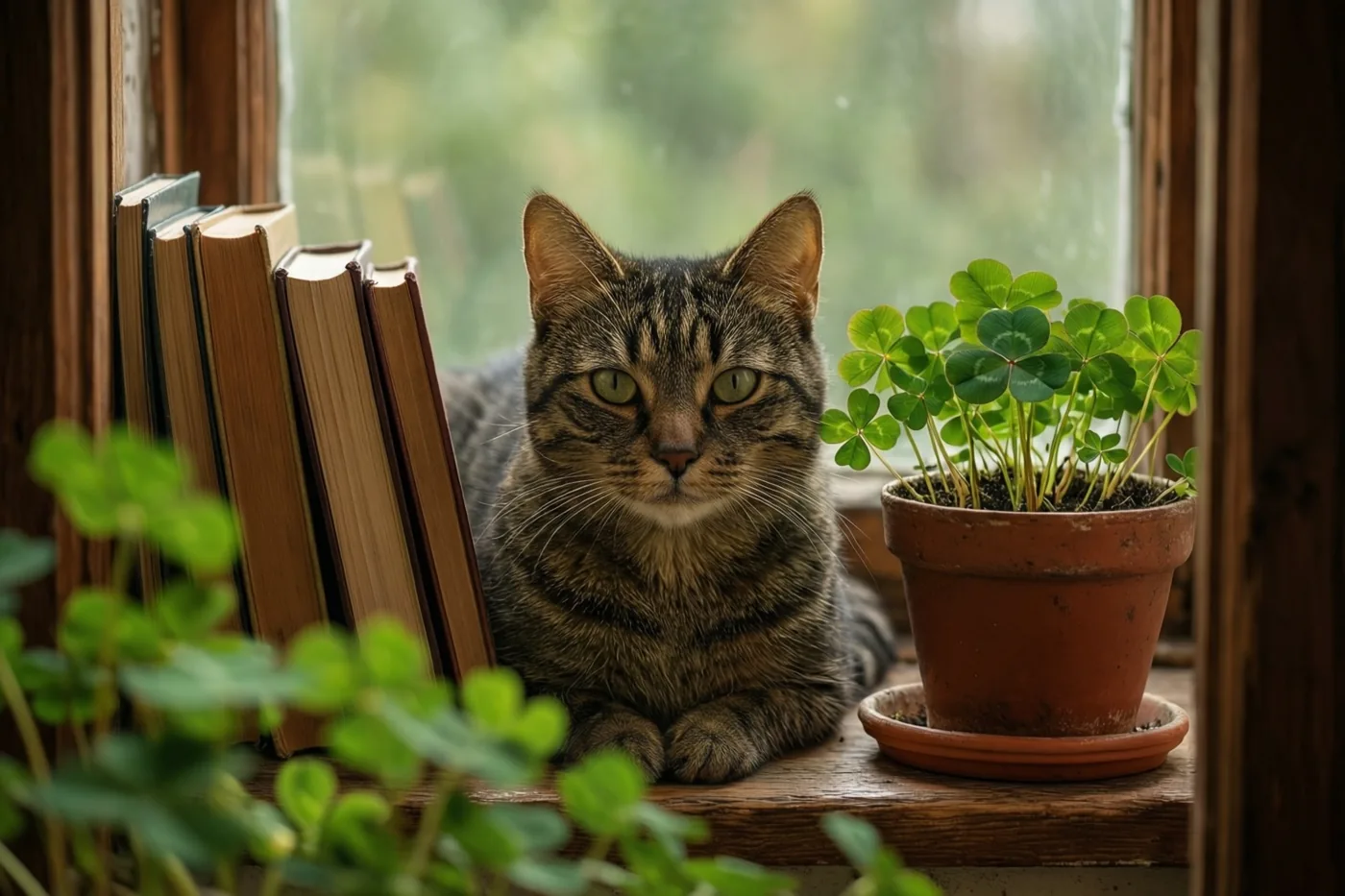 Een gestreepte kat zit op een houten vensterbank naast oude boeken en een terracotta pot met klavertjesvier, met buiten een wazig zicht op een groene tuin.