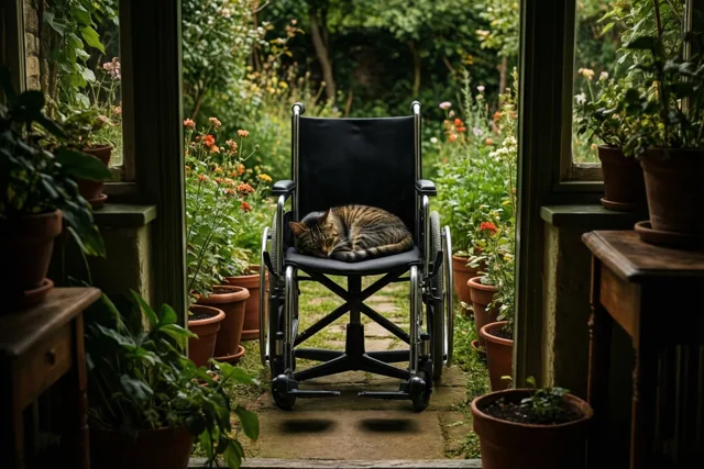 Een tijgerkat slaapt opgerold op een zwarte rolstoel op een stenen tuinpad tussen potplanten en bloemen, gezien door een deuropening met houten randen.
