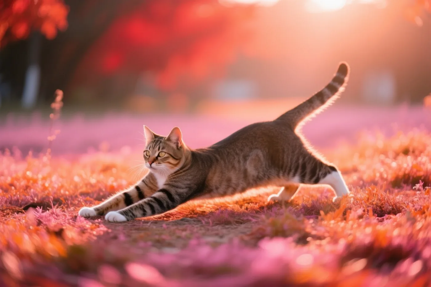 Een gestreepte kat rekt zich uit op roze en oranje gras in warm ochtendlicht, met wazig rood blad op de achtergrond.