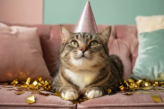 Kattengeluk met een feesthoedje