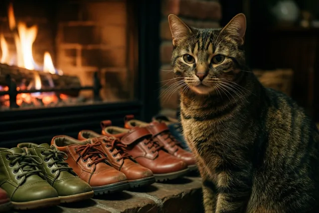 Een tijgerkat zit naast een rij kinderschoenen op een stenen haardplaat voor een brandende haard.