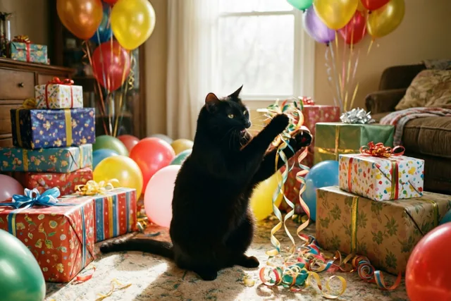 Een zwarte kat zit op een tapijt met een patroon en speelt met kleurrijk gekruld lint in een kamer vol ingepakte verjaardagscadeaus en ballonnen.