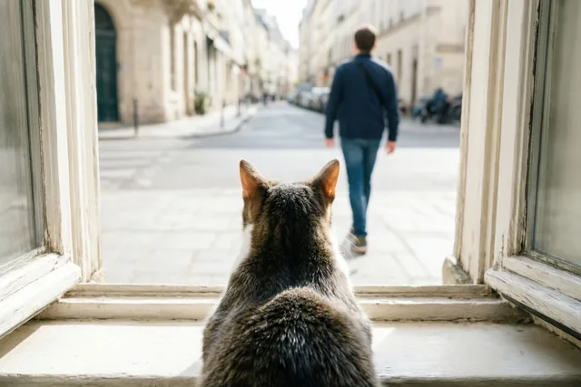 Een gestreepte kat zit met haar rug naar de kijker op een witte vensterbank en kijkt naar iemand die door een zonnige straat wegwandelt.