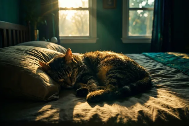 Een tijgerkat slaapt met haar snuit naar beneden op een kussen op een bed, in warm ochtendlicht dat door een raam in een kamer met donkere blauwgroene muren valt.