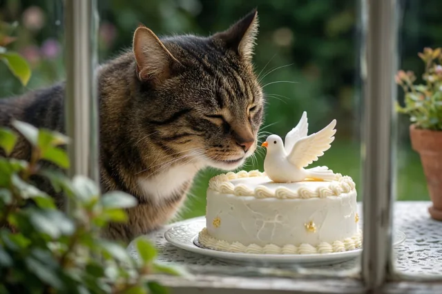Een tijgerkat snuffelt aan een witte taart met een suikerduif op een tuintafel, met groen op de achtergrond in daglicht.