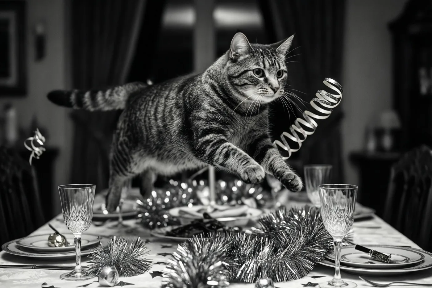 Op een zwart-witfoto springt een gestreepte kat boven een feestelijk versierde nieuwjaarstafel naar een zilveren spiraalslinger.