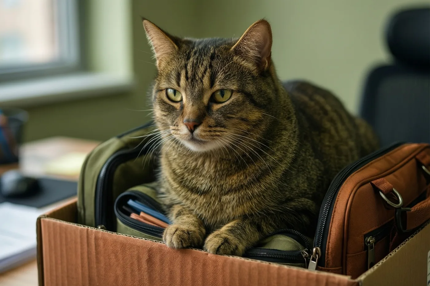 Een tijgerkat zit alert in een open kartonnen doos met een aktetas en mappen, in een zacht verlicht kantoor met een raam en een stoel.