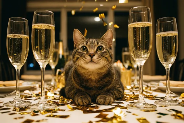 Een gestreepte kat zit midden op een witte tafel met gouden confetti, omringd door champagneglazen met bubbels in warm goudkleurig licht.