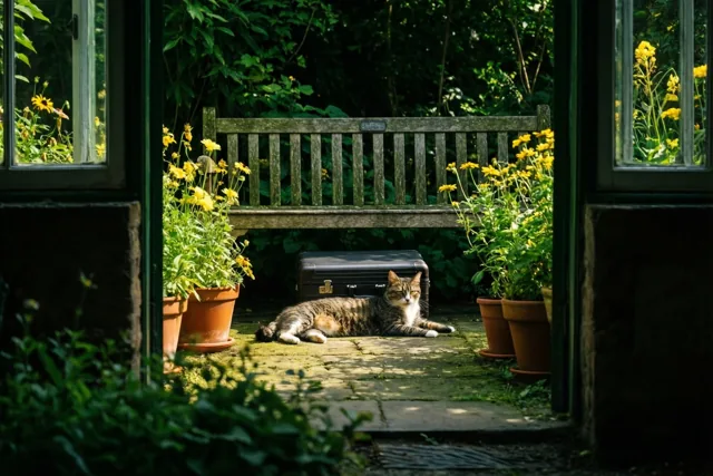 Door een open deuropening is een tijgerkat te zien die op een stenen terras op een gesloten zwarte aktetas onder een houten tuinbank rust, tussen gele potbloemen en groen in het zonlicht.