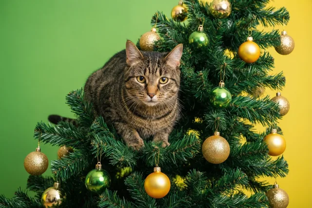 Een gestreepte kat zit tussen de takken van een kerstboom met gouden en groene kerstballen, tegen een groen-gele achtergrond.