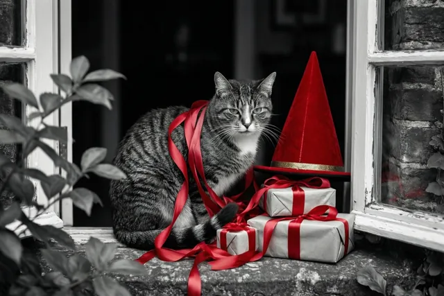 Een gestreepte kat zit op een vensterbank tussen rode linten, twee ingepakte cadeaus en een rode mijter, in een zwart-wit beeld met rode accenten.