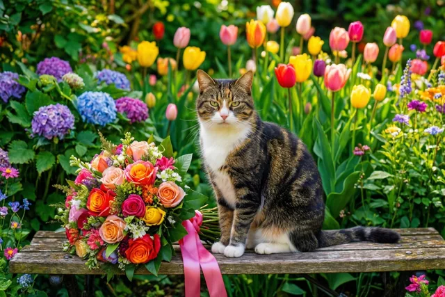 Een gestreepte kat met witte pootjes zit op een houten tuinbank naast een kleurrijk boeket met een roze lint, in een zonnige tuin met tulpen en hortensia's.