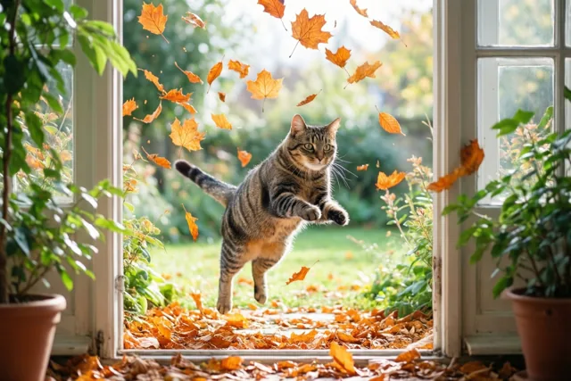 Een tijgerkat springt buiten bij een raam met vier poten in de lucht naar dwarrelende oranje bladeren in een zonnige tuin.
