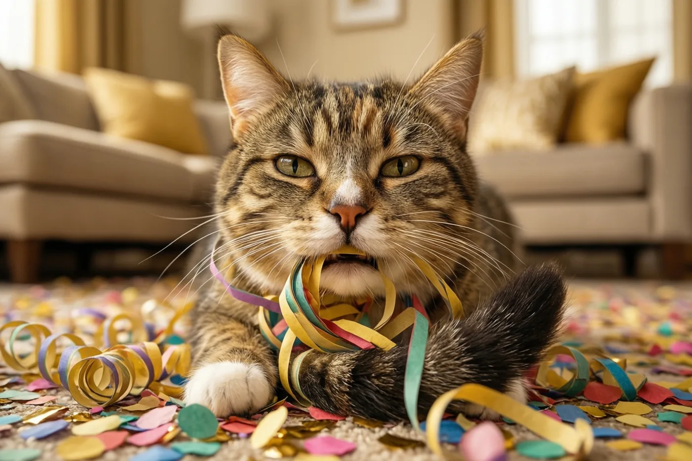 Een gestreepte kat ligt van neus tot staart verstrikt in kleurrijke papieren serpentijnen op een tapijt vol confetti, met beige meubels en gele kussens in een warm verlichte woonkamer.