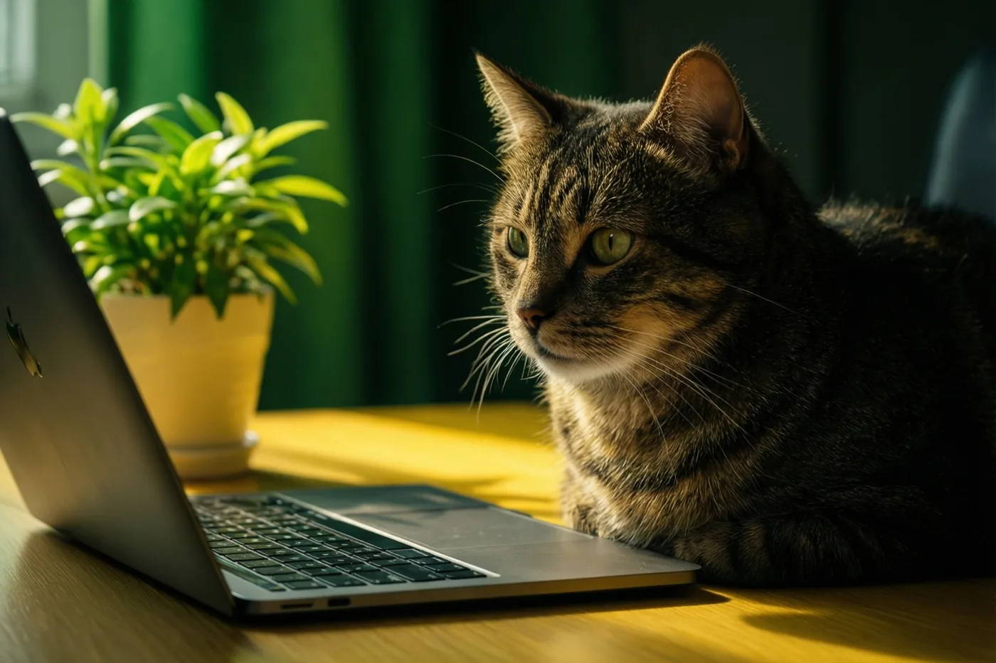 Een gestreepte kat zit naast een open laptop en een potplant op een houten bureau, in warm zonlicht voor een donkergroen gordijn.