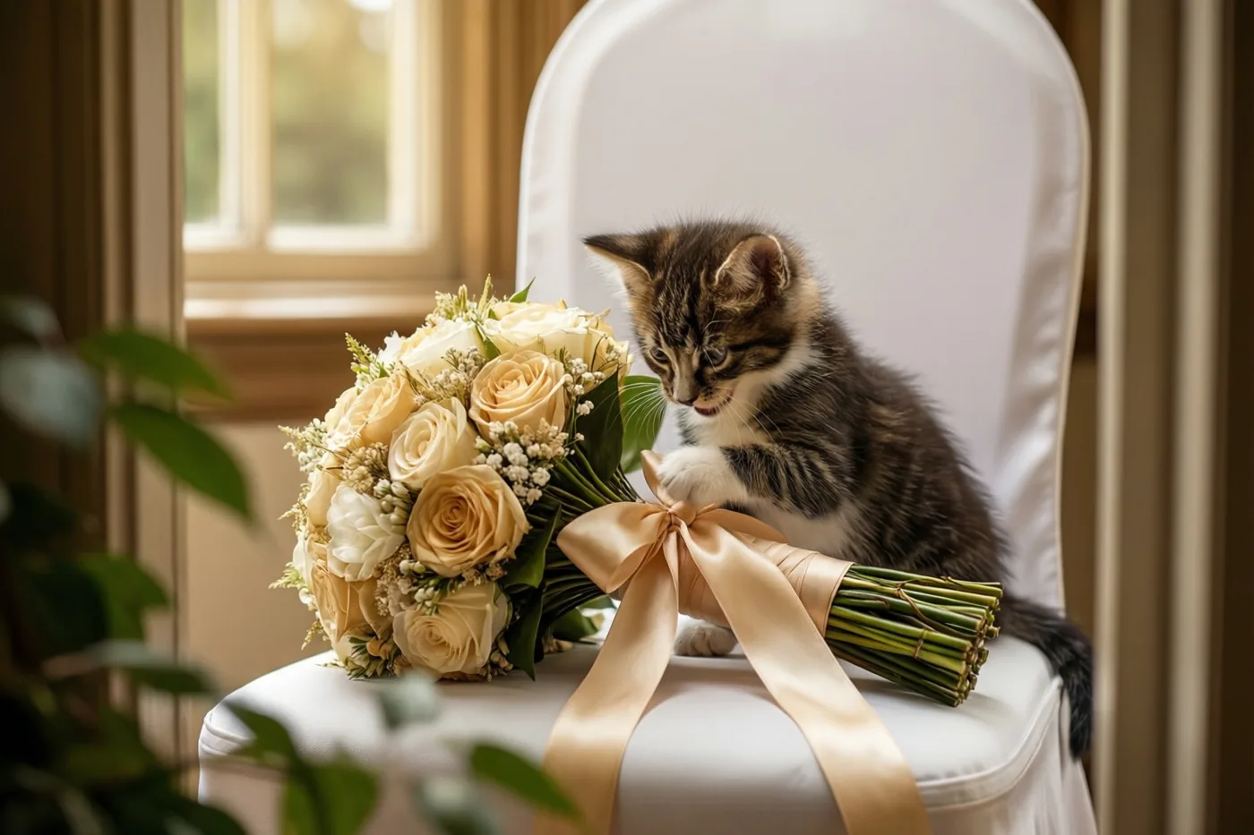 Een gestreept kitten zit op een wit beklede stoel en tikt met een pootje tegen het satijnen lint van een bruidsboeket met crèmekleurige rozen in zacht raamlicht.