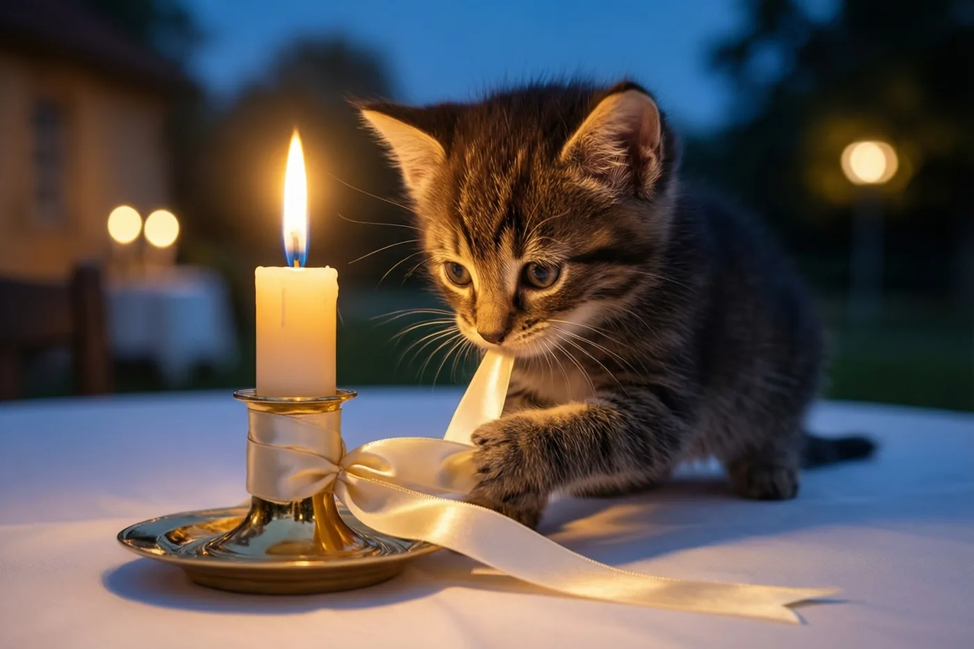 Een klein gestreept katje speelt op een witte tafel buiten met het satijnen lint rond een brandende communiekaars in een goudkleurige kandelaar, met zachte lichtjes in de schemerige achtergrond.