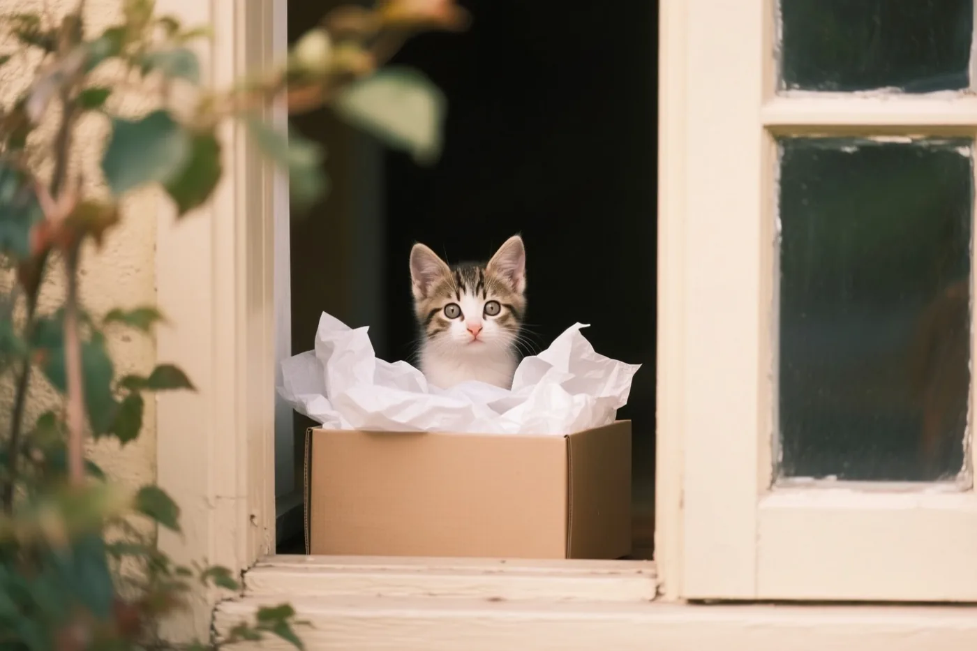 Een klein gestreept katje met grote ogen kijkt uit een kartonnen geschenkdoos met wit zijdepapier op een vensterbank, met een crèmekleurig raamkozijn en groen op de voorgrond.