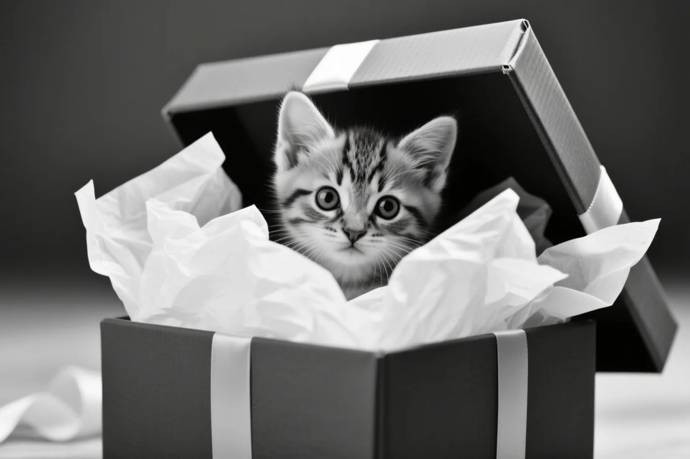 Een klein gestreept katje met grote ogen kijkt uit een open geschenkdoos met verfrommeld wit zijdepapier op een zwart-witfoto met een donkere achtergrond.