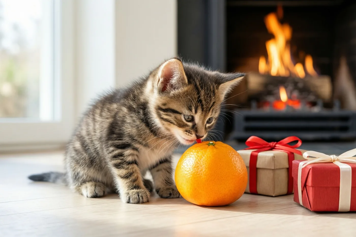 Een gestreept katje snuffelt aan een oranje mandarijn op een lichte houten vloer, naast twee ingepakte cadeautjes en met een brandende haard op de achtergrond.