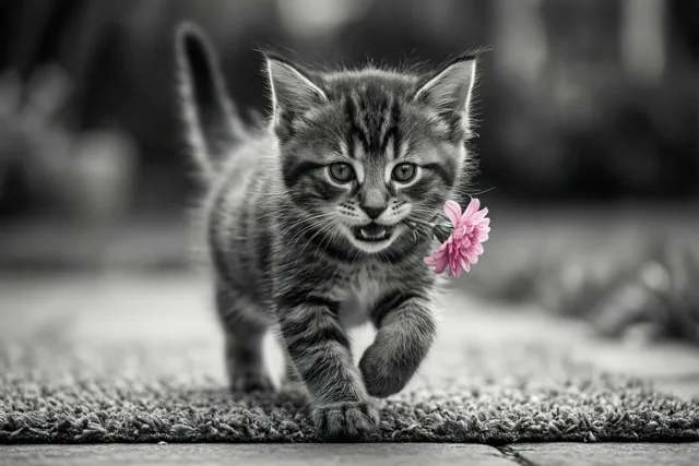 Een klein gestreept katje trippelt over een deurmat met een roze bloem in de bek op een verder zwart-witte foto.