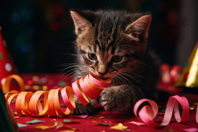 Een gestreept katje kauwt op een opgerolde oranje en roze feestslinger op een rode tafel met confetti, met onscherpe feesthoedjes op de donkere achtergrond.