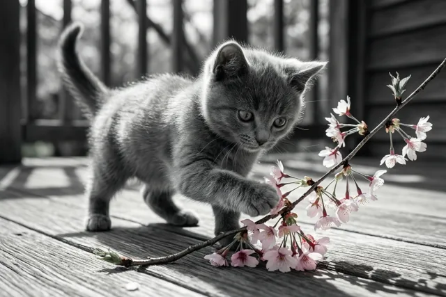 Een grijs katje tikt tegen een tak met roze kersenbloesems op een houten veranda, in een zwart-witbeeld waarin alleen de bloemen roze zijn.