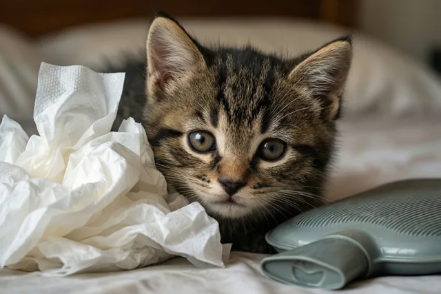 Een gestreept katje kijkt van achter een stapel verfrommelde witte zakdoekjes op een bed, naast een grijze warmwaterkruik.