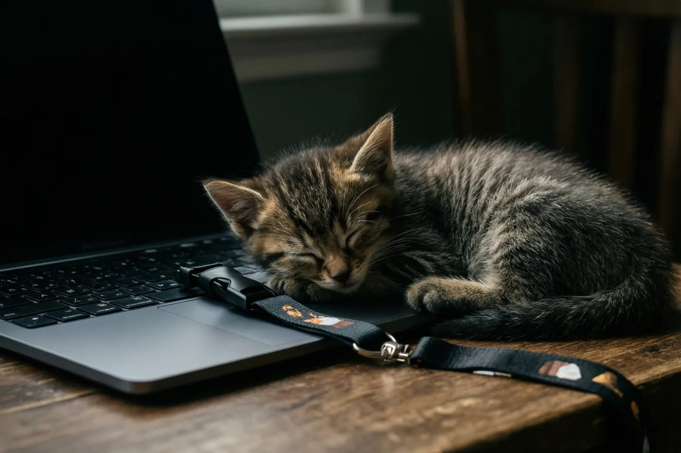 Een klein gestreept katje slaapt opgekruld op een donker halslint naast een dichtgeklapte laptop op een houten tafel, in zacht licht.