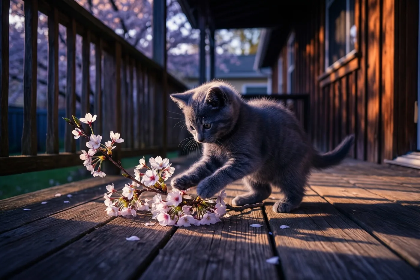 Een grijs katje tikt tegen een gevallen kersenbloesemtak op een houten veranda in warm zonlicht, met zachte paarse en roze tinten in de bloesems en de achtergrond.